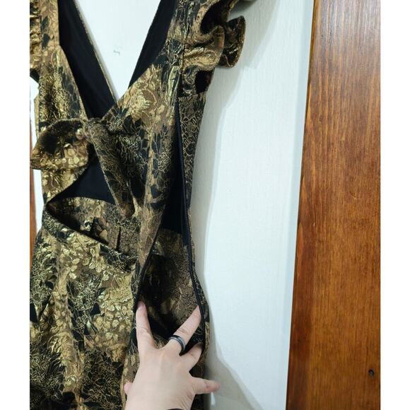 Happy x Nature Gold Floral Tie Front Jumpsuit Sleeveless V-Neck Wide Leg Sz 4 S - Picture 10 of 14